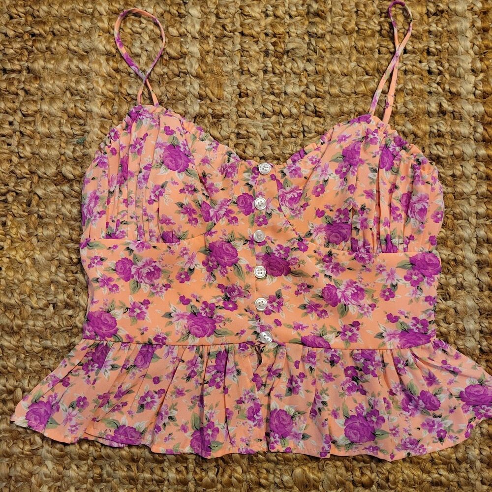 Pink Shabby Rose Floral Smocked Corset Cami Coral Coquette Y2K Henley Top 0 XS